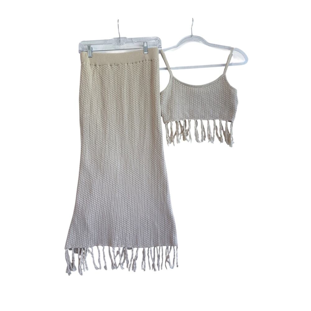 Knit Fringe Skirt 2 piece Set Slit Crop Tank Coastal Resort Beach Boho Chi - Picture 3 of 9